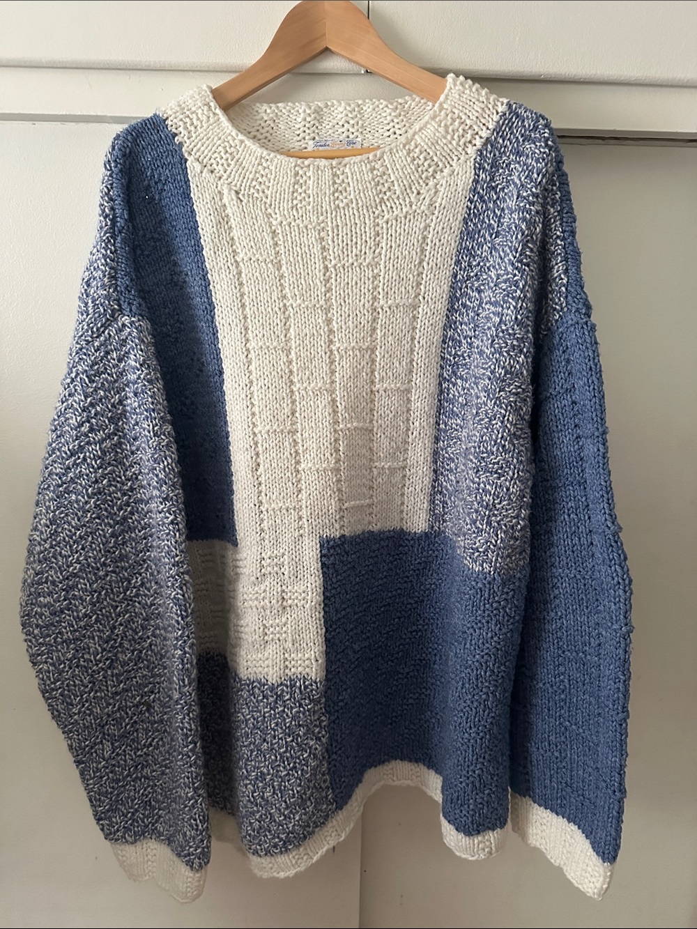 Made by Mom Blue and Cream Colorblock Handmade Knit Sweater - Men's